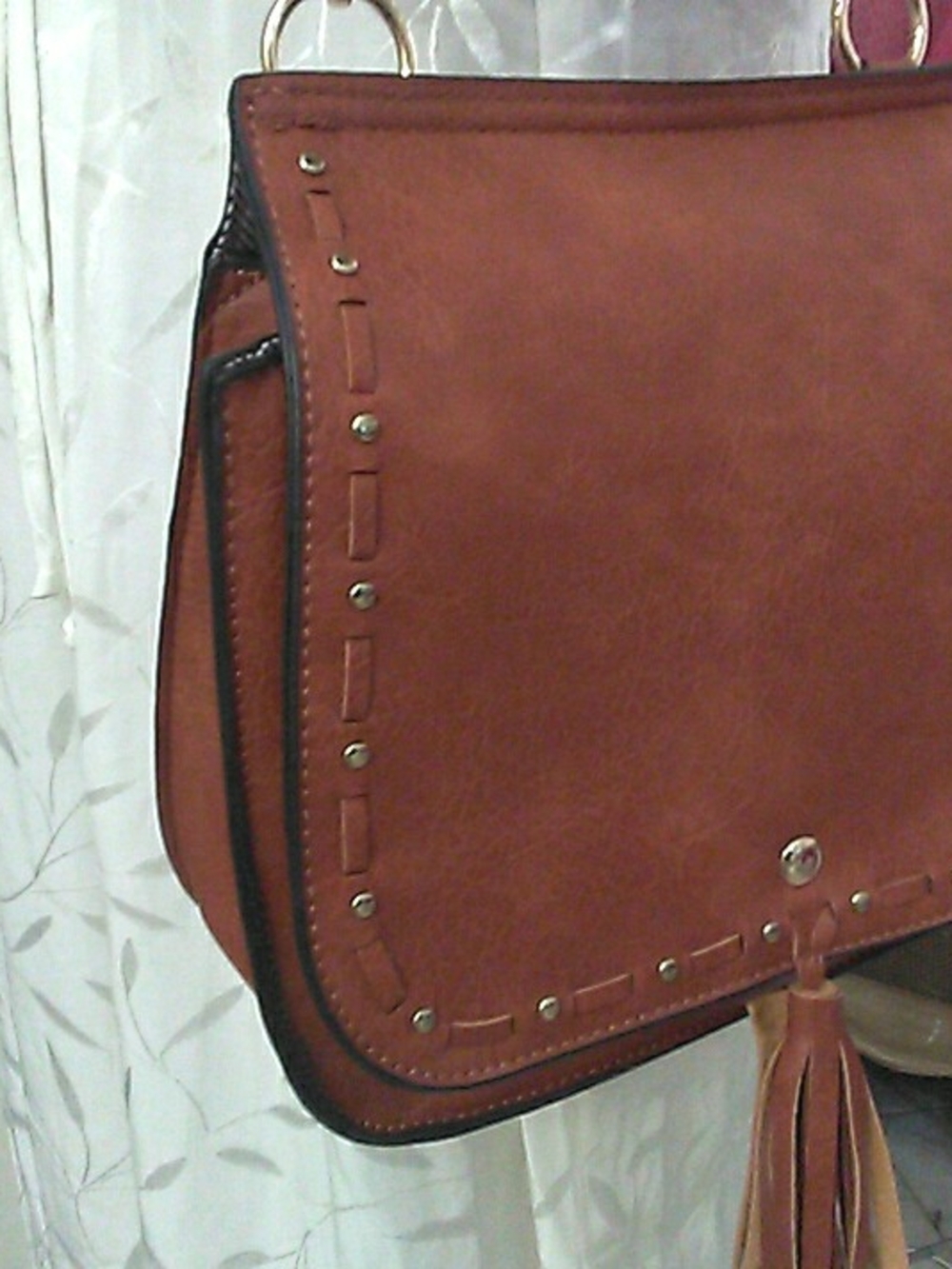 NWOT FAUX LEATHER BOHO Brown Crossbody Bag W/Tassel DECORATED  GUITAR STRAP - Picture 5 of 9